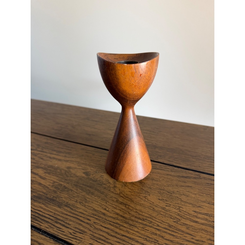 Vintage Teak Wood Candle Holder 6in Brown Good MCM Hourglass Danish